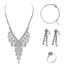 Luxury Women Bridal Rhinestone Choker Chain Necklace Dangle Drop Earrings Bracelet Ring Fashion Jewelry Set for
