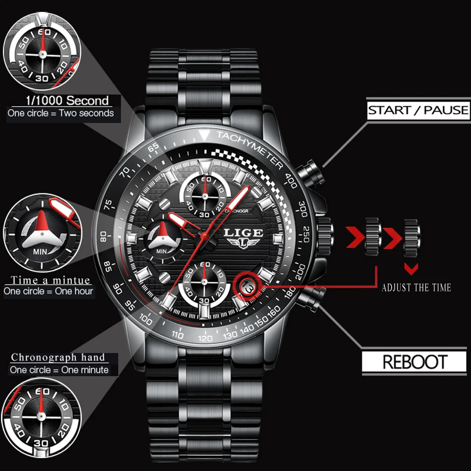 Lige Для мужчин S Часы Лидирующий бренд Роскошные модные Бизнес кварцевые часы Для мужчин Спорт Полный Сталь Водонепроницаемый Черный Часы Relogio Masculino