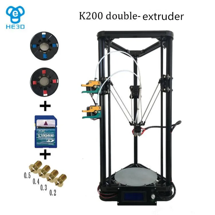 the newest design HE3D full metal extruder hotend K200 dual heads delta 3d printer kit support