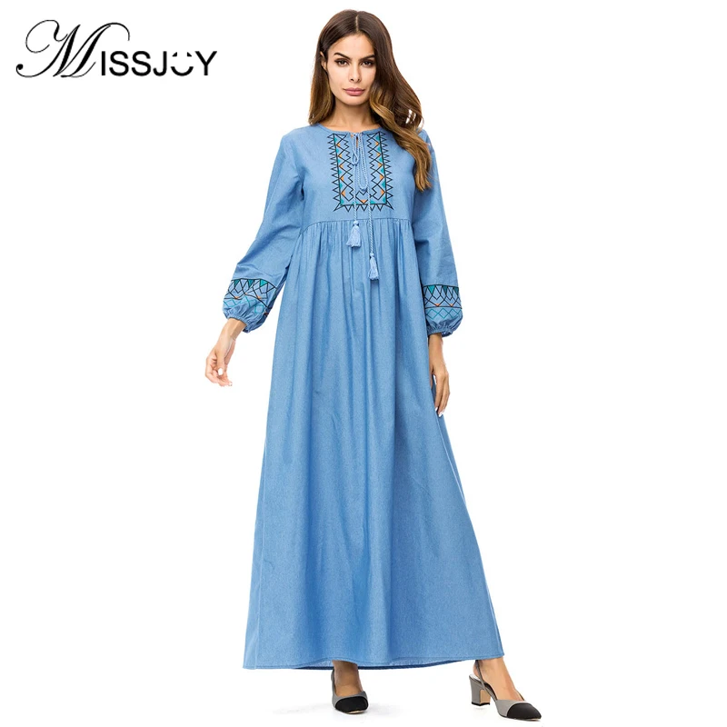 

MISSJOY Denim Dress abaya Embroidered dubai Women Long Sleeve Geometric Muslim Islamic New dress Plus Size Autumn winter 2018