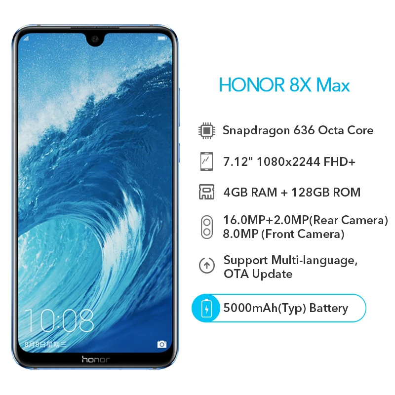 Оригинал huawei Honor 8X Max 4 ГБ 128 7 12 дюйма 16MP Восьмиядерный экран отпечатков пальцев ID