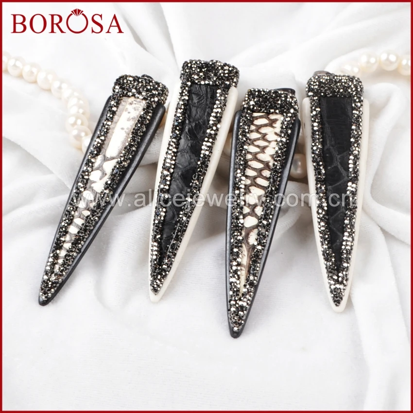 

BOROSA 3PCS Long Triangle OX Bone With Snakeskin Paved Black Gun Zircon Pendant Bead for Women Necklace Fashion Jewelry JAB491