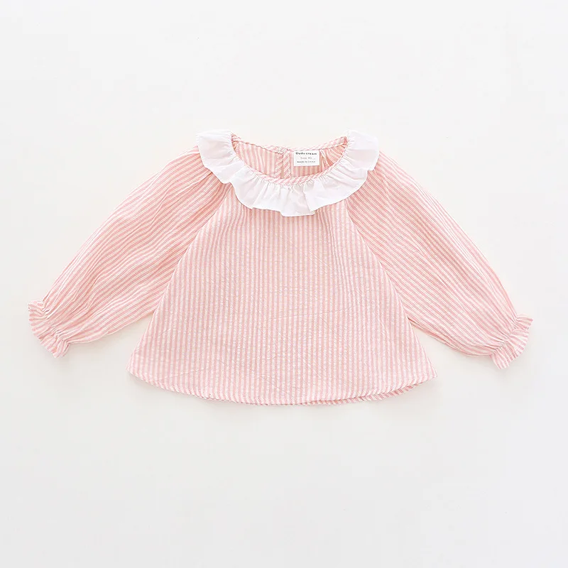 Коллекция года, Детская рубашка в полоску Футболка, стиль, хлопковая блузка с воротником в виде листьев лотоса для новорожденных девочек Детские рубашки в Корейском стиле - Цвет: Pink