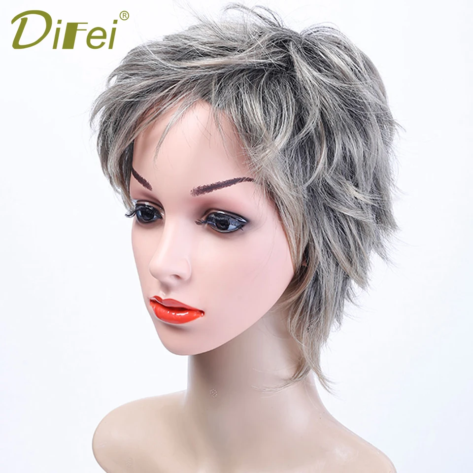 DIFEI Short Straight Hair Wig Mixed Hair Wig Synthetic Wig High