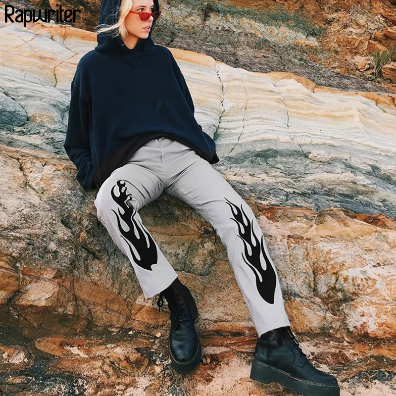 

Rapwriter Fire Print High Waist Trousers Women 2019 Summer Casual Harajuku Sweatpants Joggers Straight Baggy Pants Streetwear