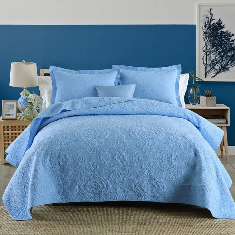 CHAUSUB Blue Coverlet Cotton Quilt Set 3PC King Size Embroidered