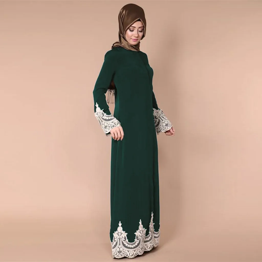 Скромное мусульманское платье с кружевной аппликацией, халат Дубай абайя, модное женское мусульманское кружевное платье с полной пряжкой, мусульманское длинное платье_ 3,30 - Цвет: GN