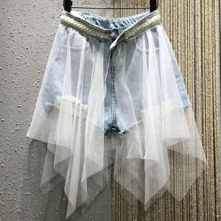 Летняя новая тяжелая джинсовая юбка с бисером и бриллиантами+ джинсовая юбка с высокой талией в сеточку - Цвет: as photo
