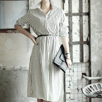 

LANMREM 2020 Spring New Casual Fashion Temperament Women Loose Plus Striped Shirt Collar Long Lace Dress TC318