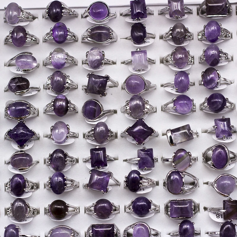 

20 pcs/lot Mixed Styles Natural Purple Crystal Stone Rings 2018 New Fashion Women's Jewelry