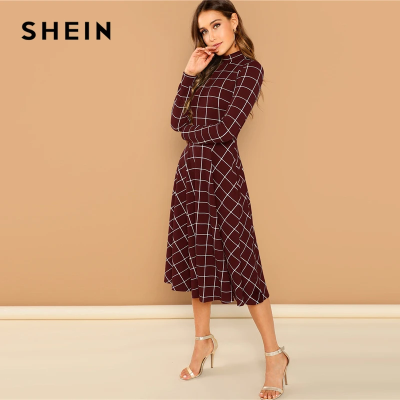 SHEIN Расклешенное Платье В Клетку Со Стоячим Воротником Женское Осеннее Бордовое Классическое Платье С Длинными Рукавами