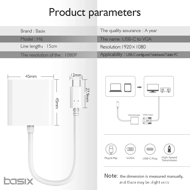 Basix usb C VGA адаптер USB 3 1 Тип женщин Кабель для Macbook 12in Chromebook Pixel Lumia 950XL Galaxy S8/9|Кабели