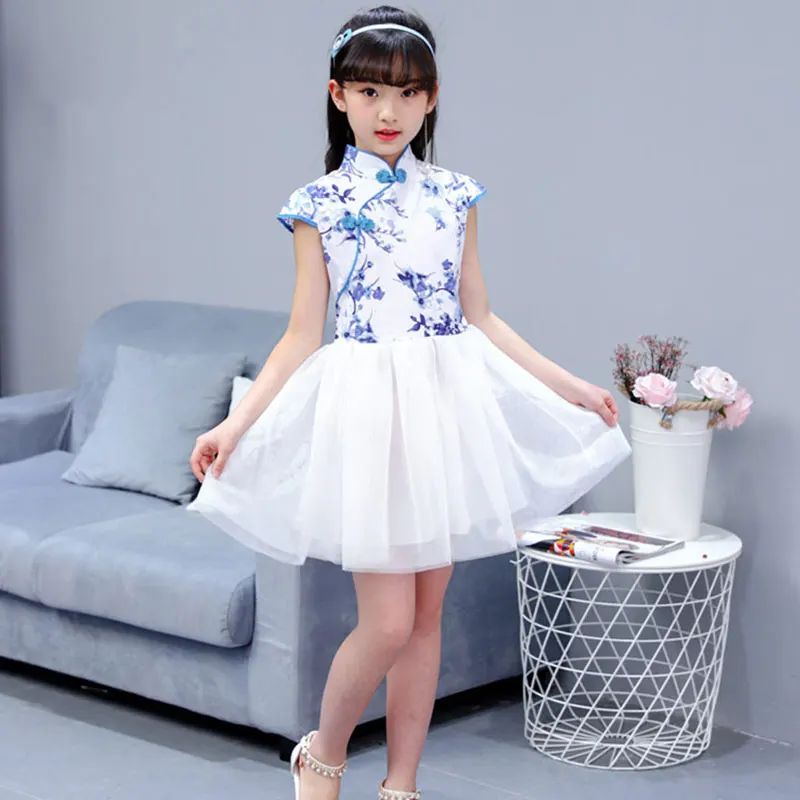 2018 Summer Children Girl Cheongsam Dress Chinese Traditional Qipao Short Sleeve Dress Cotton Girl Skirt Children Cheongsam