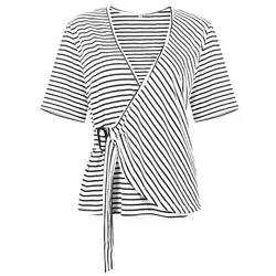 Повседневная полосатая футболка Женские топы с короткими рукавами футболки v-образный вырез Регулируемая кнопка женские футболки