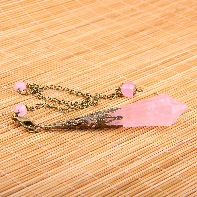 Трендовый натуральный камень целебные кристаллы маятник розовый кварт Подвеска Шарм ожерелье дюбинг рейки маятник с чакрами ювелирные изделия - Окраска металла: Rose quartz