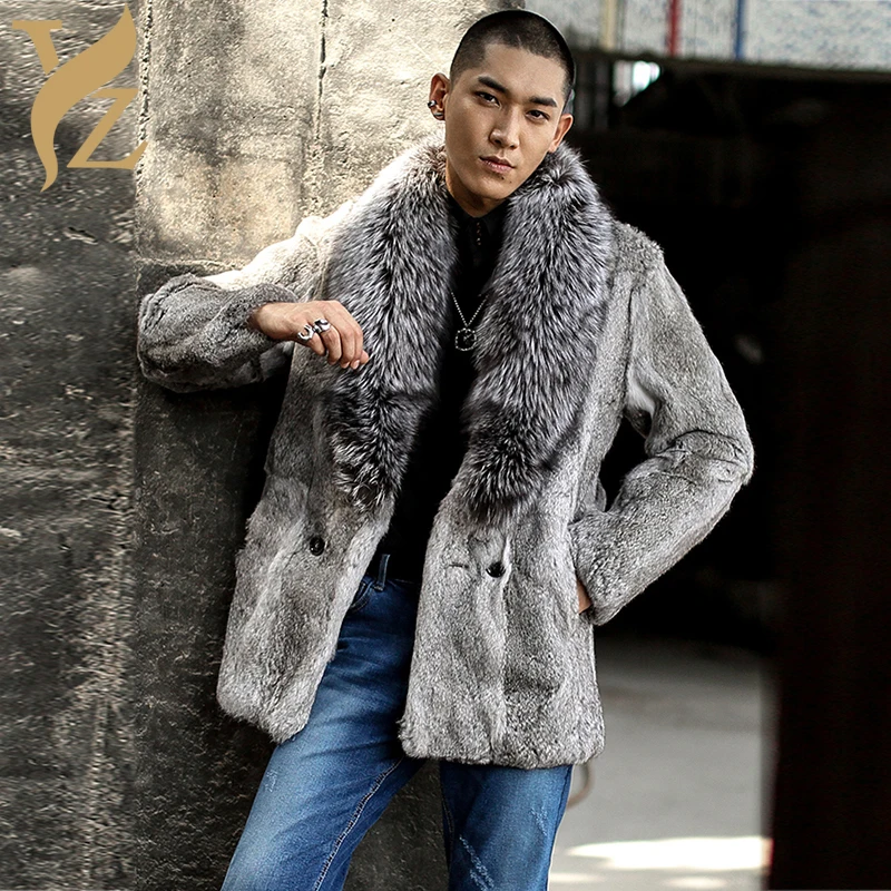 

Real Fur Rabbit Fur Jackets With Silver Fox Fur Collar Nature Rabbit Fur Coats Men's Jacket Warm Overcoats Capped Winter 2018
