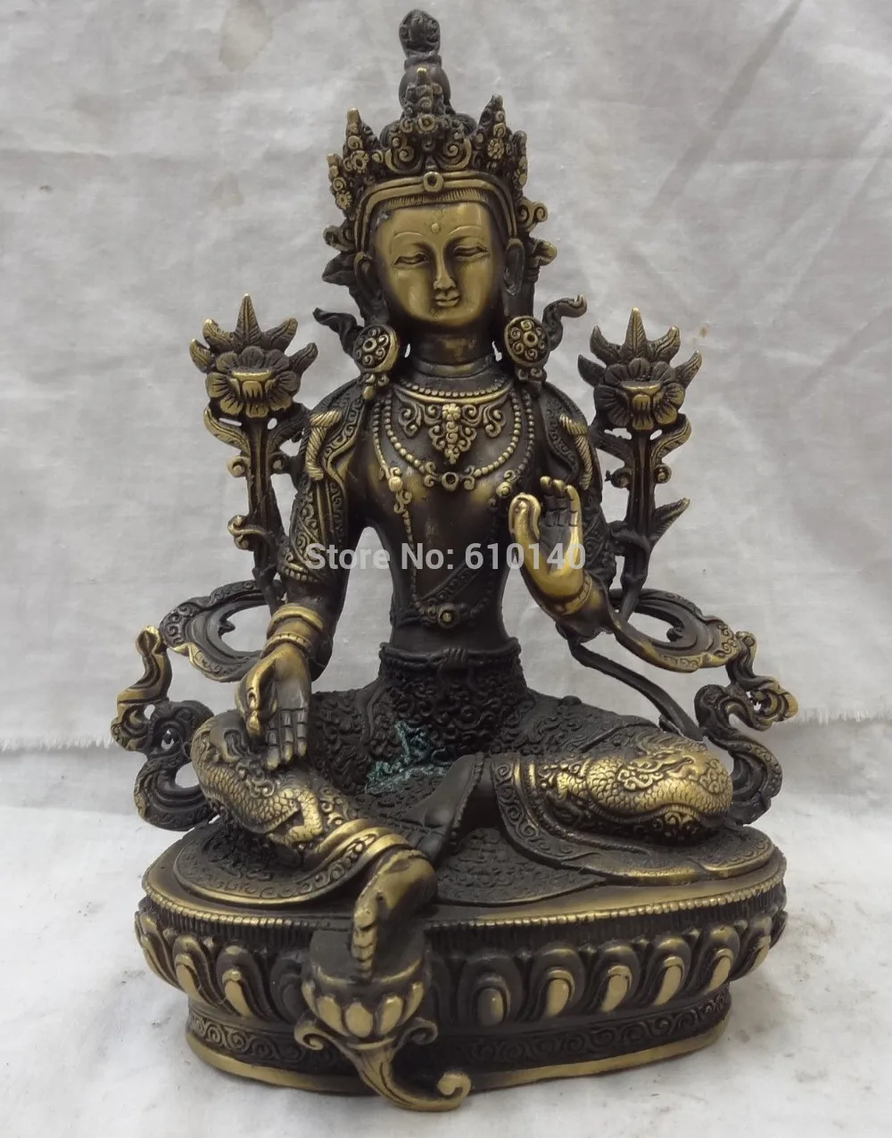 

9" Tibet Bronze Buddhism Joss Dragon Lion Head Green Tara Goddess Seat Statue