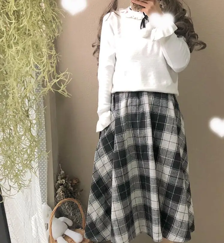 Черный Женские юбки Повседневные женские Kawaii Ulzzang свободные винтажные шерстяные клетчатые юбки женские корейские кнопки для женщин панк длинные ретро - Цвет: Черный