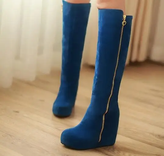 Бренд "Qin kuan" Для женщин сапоги до колена зимняя обувь на танкетке; ботинки на высокой платформе, визуально увеличивающие рост; бархатные рыцарские длинные сапоги плюс Размеры 32–43 - Цвет: blue