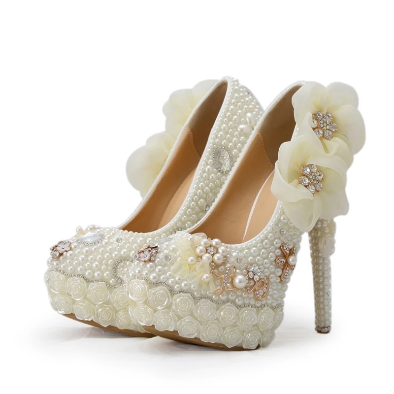 

Crystal Bridal Wedding Shoes White Pearl Flower High Heel Platforms Bride Dress Shoes Banquet Ceremony Pumps Plus Size 11