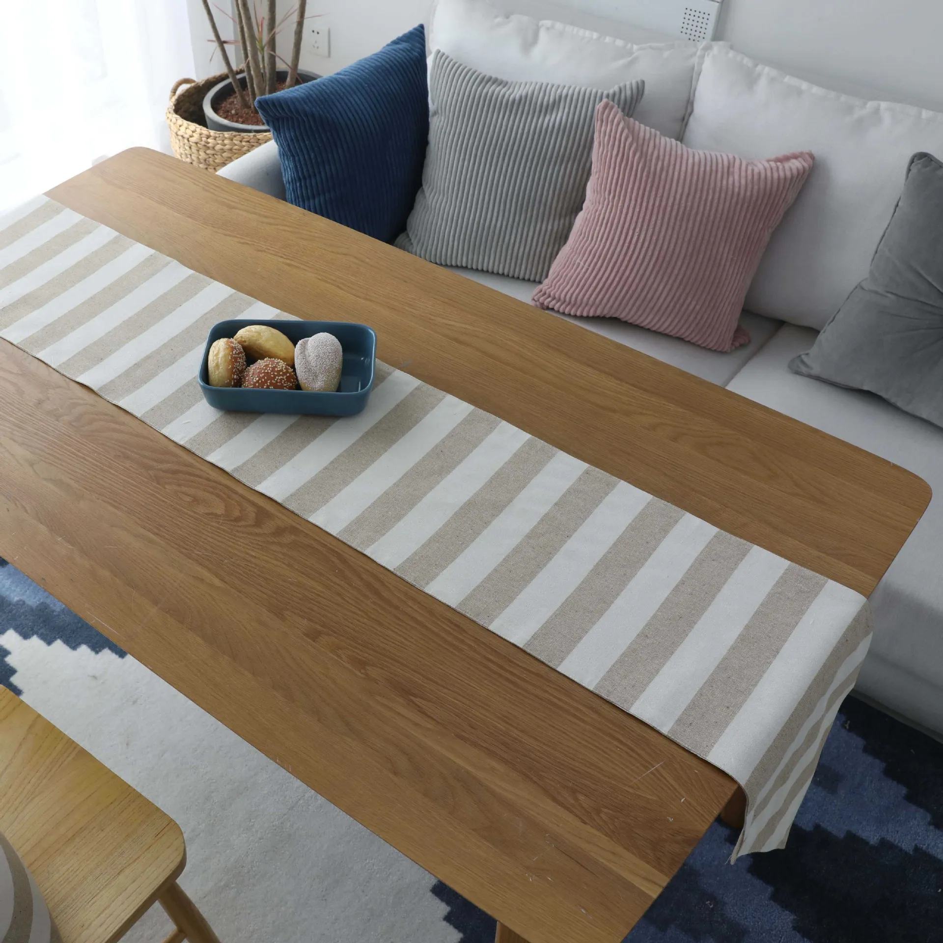 Beige Dark Blue Stripe Japanese Style Table Runner Dinning Table