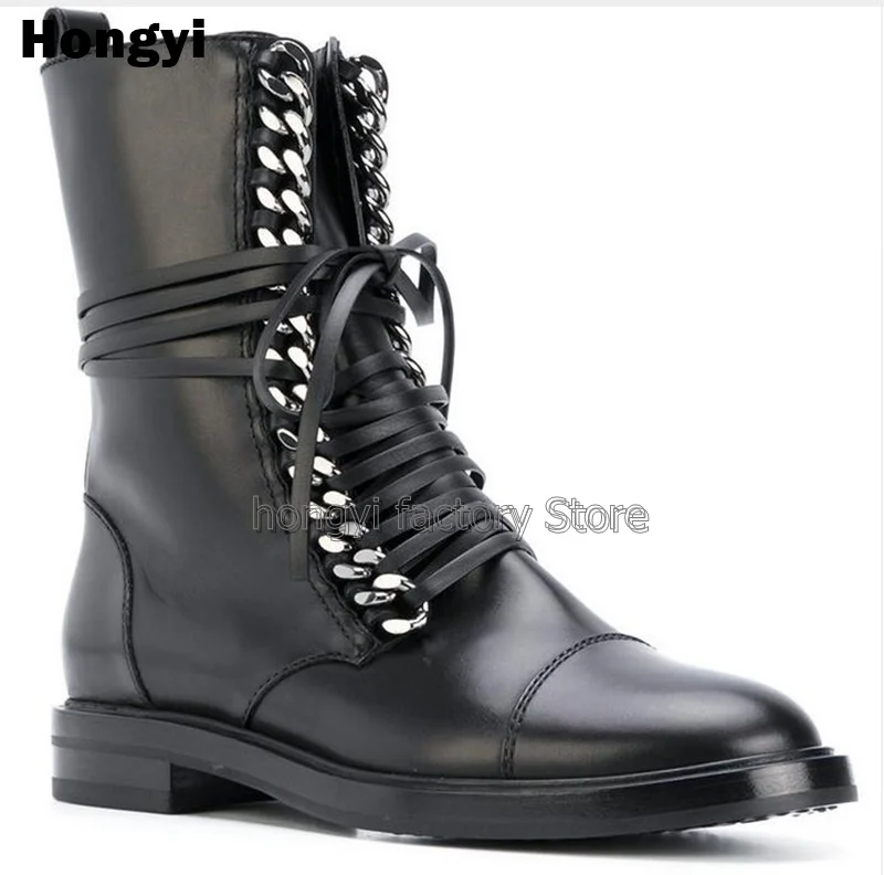 Black Leather Gold Silvery Chain Ankle Boots Round Toe Lace-up Flat Winter Short Boots Women Ridding Boot Strap Motorcycle Boot 