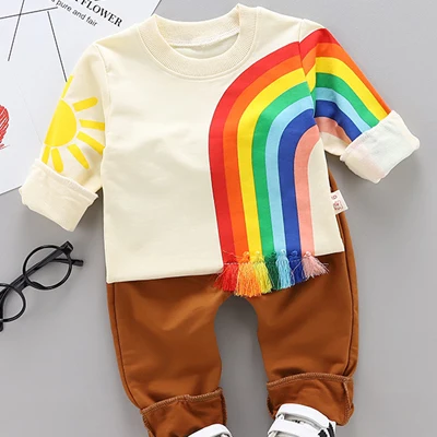Одежда для маленьких мальчиков с радугой; комплект одежды с рисунком для мальчиков; футболка с длинными рукавами для мальчиков; Детский комплект; Одежда для девочек; детская одежда - Цвет: brown pants