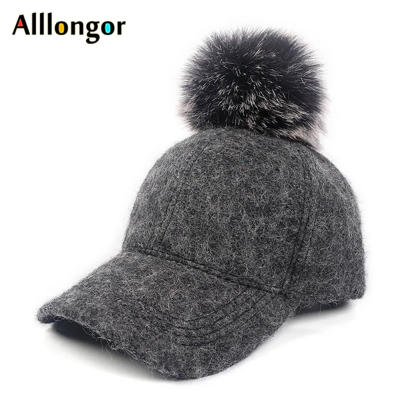 New Autumn 2020 Winter Baseball Cap Women Pure Wool Fur Pompom Pom Black Hat snapback hip hop casquette femme gorra mujer women's fashion baseball caps Baseball Caps