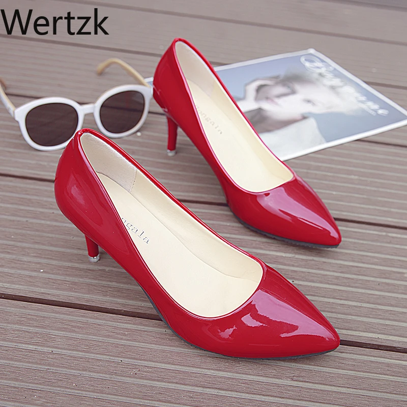 

2019 HOT Women Shoes Pointed Toe Pumps Patent Leather Dress High Heels Boat Shoes Wedding Shoes Zapatos Mujer Blue wine red E538