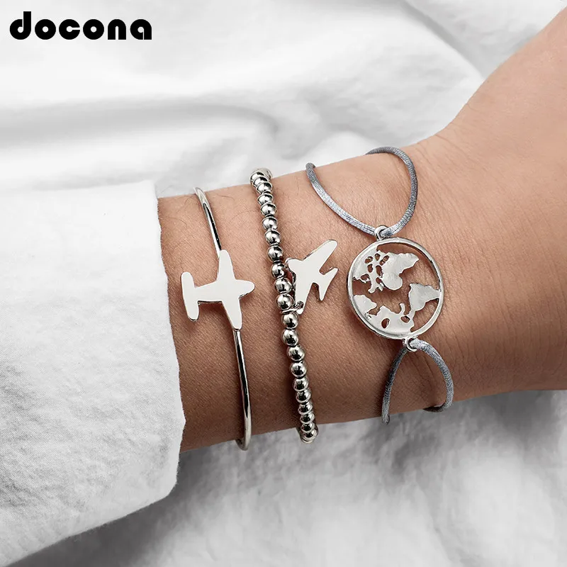

Docona Silver Aircraft Map Pendant Bracelets Set for Women Girl Beads String Open Adjustable Layered Bracelet Set Pulseiras 6958