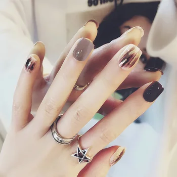 

24PCS/Sets Girls Fake Nail With Glue Fashion Ins Style Shiny Gold Glitter Powder Color Full Cover Finger False Nail Stickers