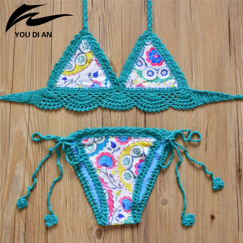 

Crochet Bikini Swimwear New Sexy Handmade Knitted Swimwear Women Push Up Swimsuit Halter Tassel Bikinis Bathing Suit