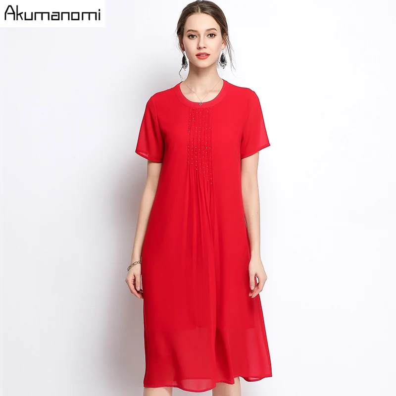 

summer Chiffon Dress women clothing black red o-neck Short sleeve beading Draped a-line dress Plus Size 5XL 4XL 3XL 2XL XL L M