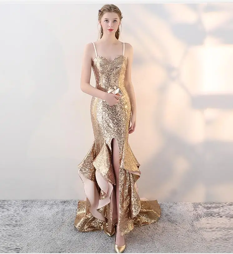 Sequins Golden Mermaid Evening Dress Long Prom Party Dresses Evening Gown Formal Dress Women Elegant Robe De Soiree