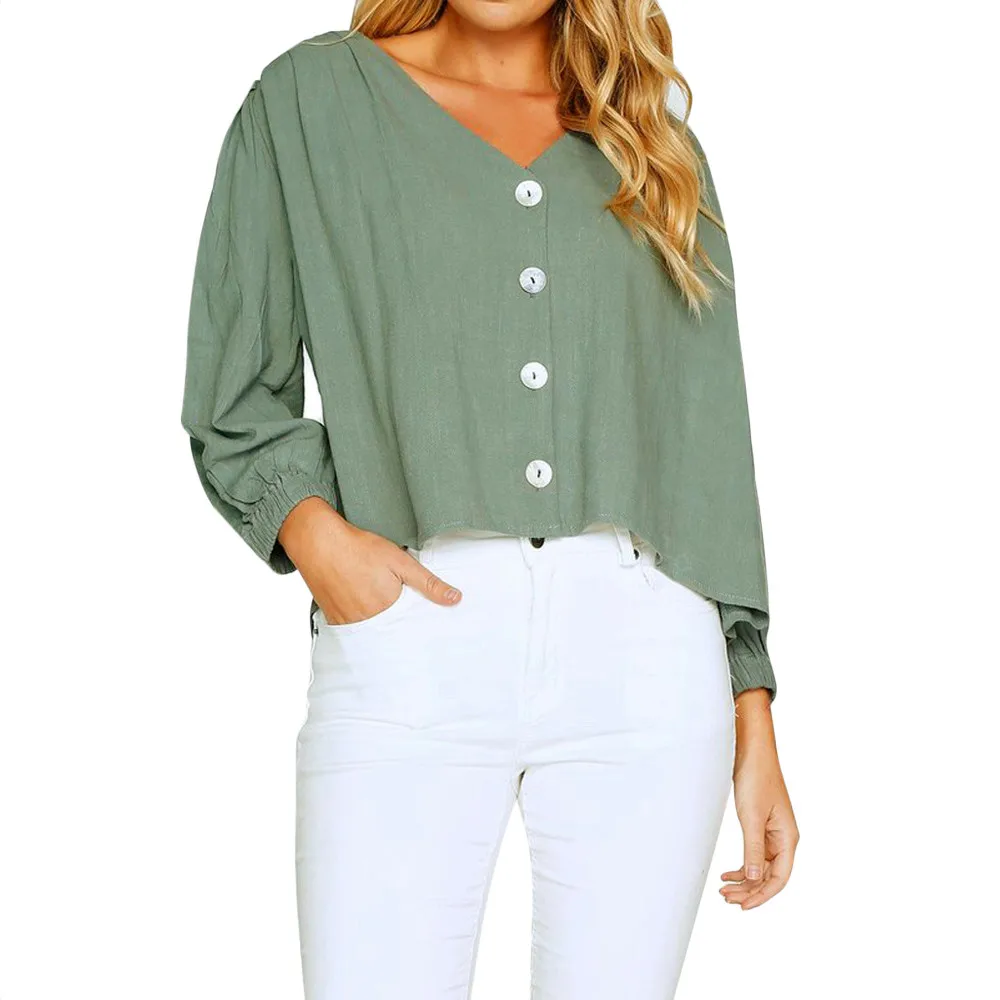 Для женщин блузки Повседневное твердые блузка рубашка с длинными рукавами v-образным вырезом, Для женщин блузка рубашка Vetement Femme # S3
