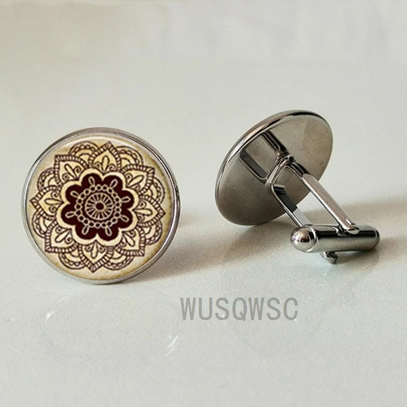 @1 WUSQWSC ретро мандалы цветок запонки мужские йога чакра стеклянные запонки хна татуировки рубашка юв ①