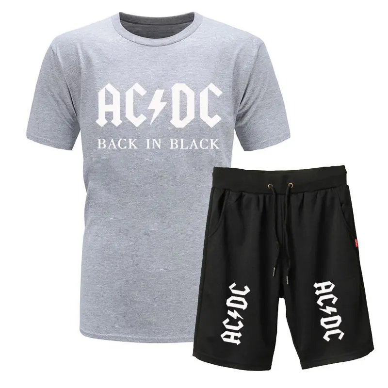 Новая брендовая одежда, AC/DC, Мужская футболка, Swag, футболка, хлопок, Мужская футболка и шорты, Homme, для фитнеса, Camisetas, хип-хоп, футболка, 2 предмета - Цвет: gray black 1