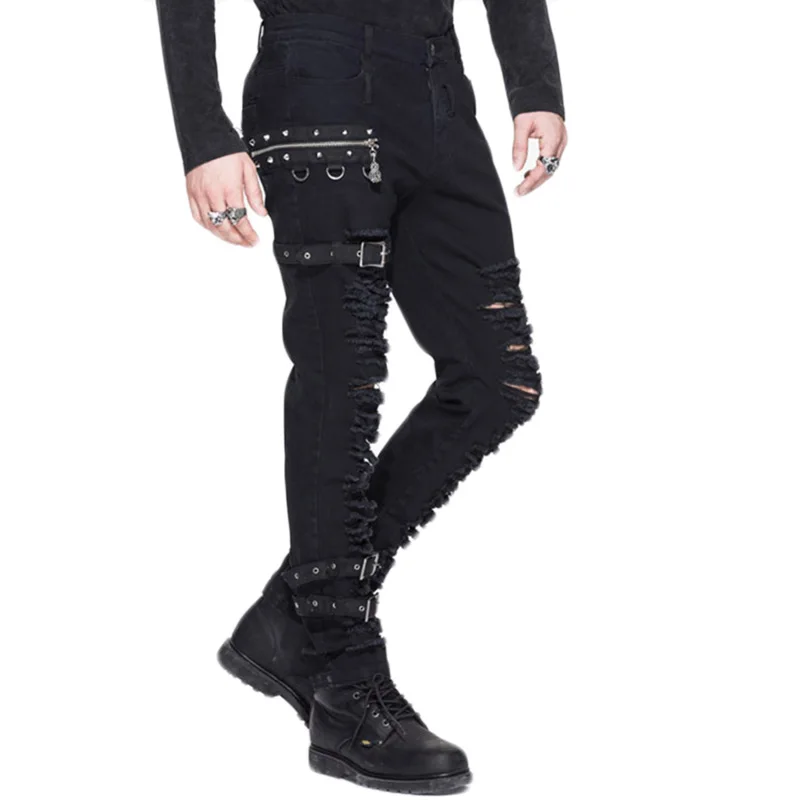 

Steampunk Man Winter Casual Black Pants Gothic Personality Men's Long Trousers Slim Fit Hole Pencil Pants Slight Elastic PT040