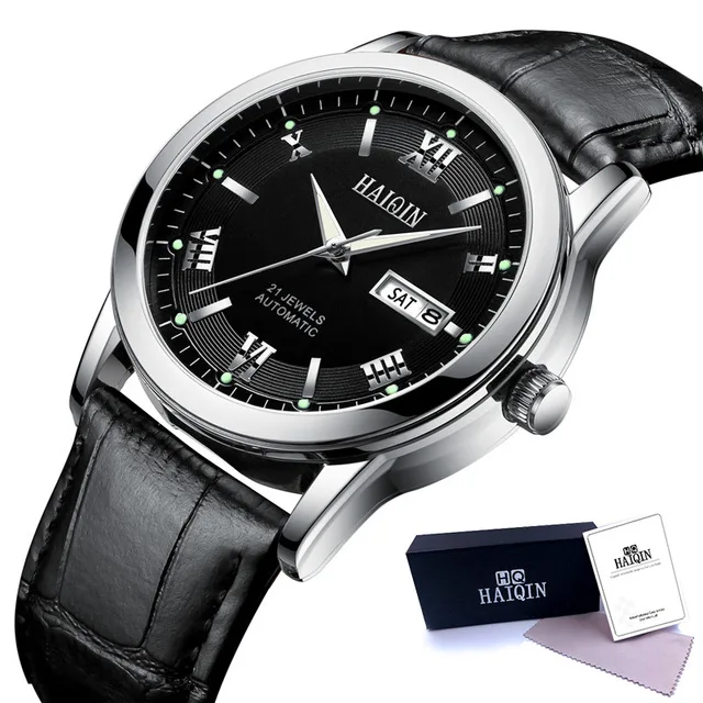 leather silver black HAIQIN, мужские часы, Лидирующий бренд, Роскошные автоматические механические часы, мужские полностью стальные деловые водонепроницаемые спортивные часы, Relogio Masculino - Цвет: leather silver black