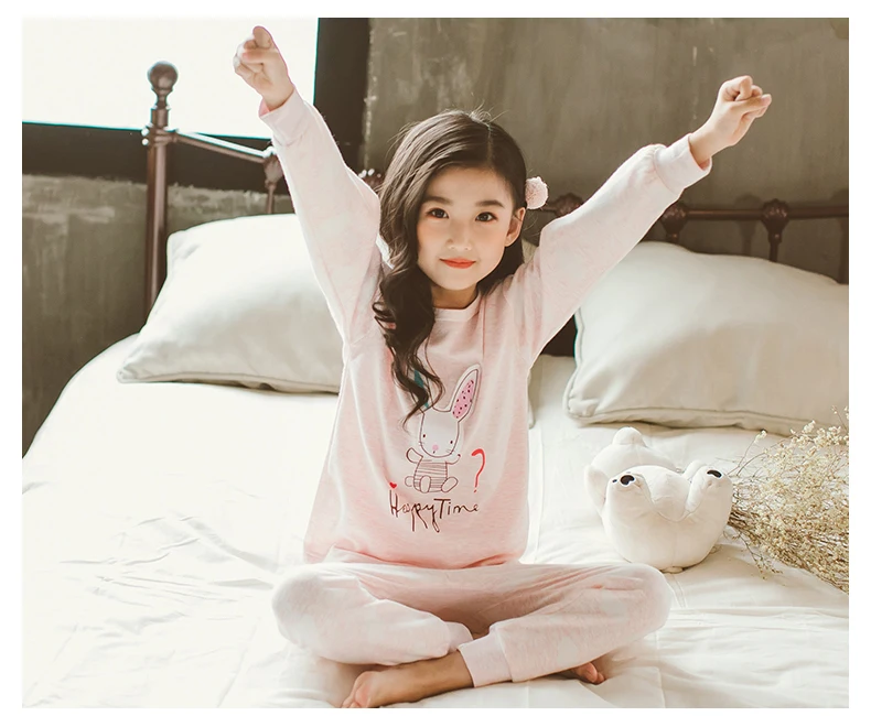 Детская одежда для сна для девочек весенне-осенние цветные хлопковые Пижамные комплекты детская домашняя пижама женская ночная рубашка одежда для детей от 8 до 12 лет