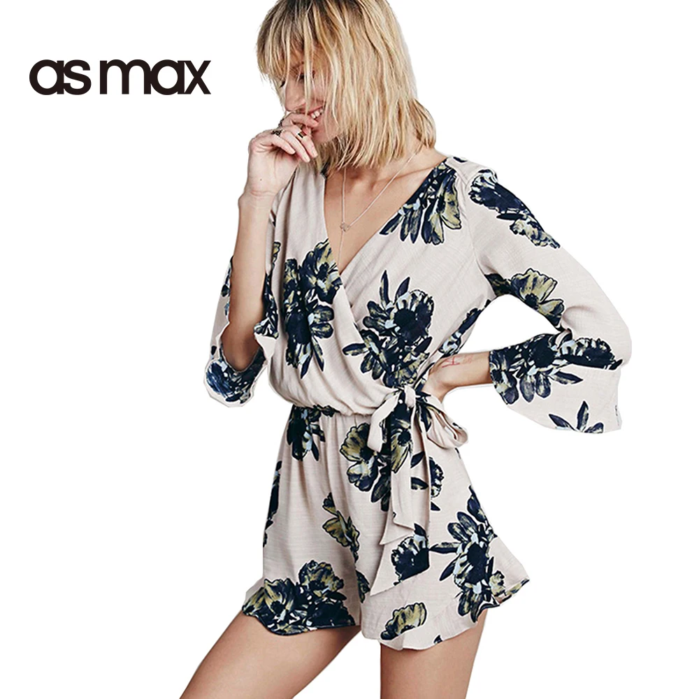 asmax Flora Printed Romper Women Wrap Front Ruffles Long