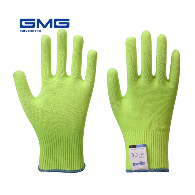 Тонкие мягкие GMG Hi-Vis желтые HPPE со стальным сертификатом CE перчатки для резки рабочие защитные перчатки для защиты от порезов EN388