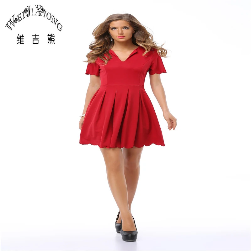Wei JiXiong 2017 Women White Red V neck Pleated Dress Casual Fashion School Summer Spring Cute
