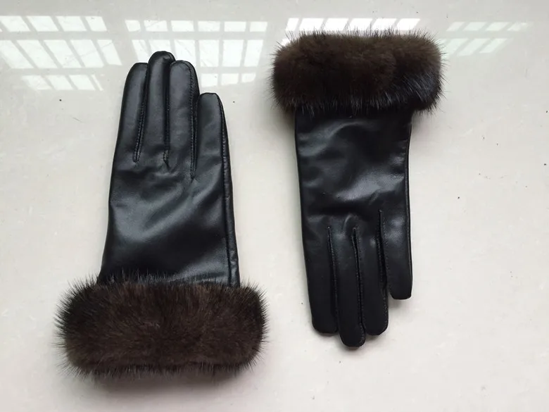 Зимние теплые однотонные Guantes высокое качество овчины черный натуральная кожа перчатки для женщин наручные норки мех Luvas