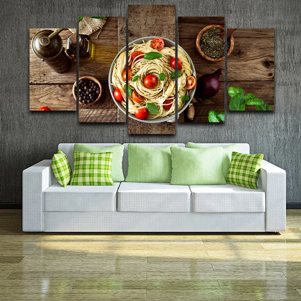 

Hd Print 5 Pieces Posters Italian Cuisine Pasta Olive Oil Kitchen Room Decoration Canvas Paintings Wall Art Modular Pictures