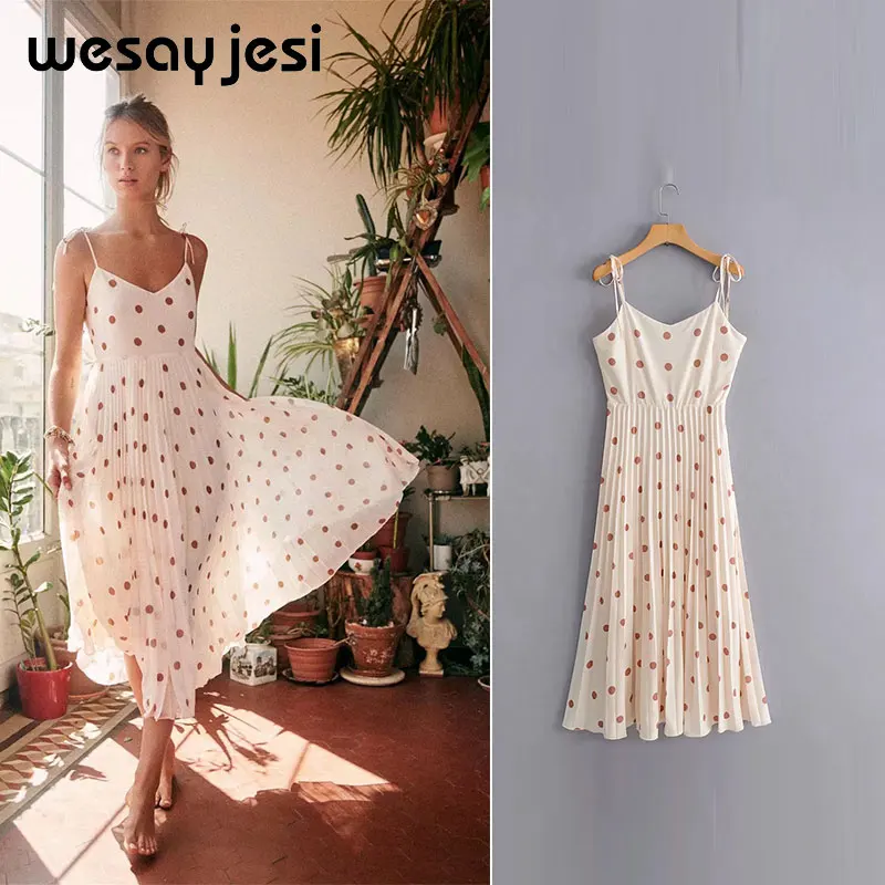 

2019 Za dress women summer vestidos england style v neck sleeveless dot print long sexy dress vestidos de fiesta party dress