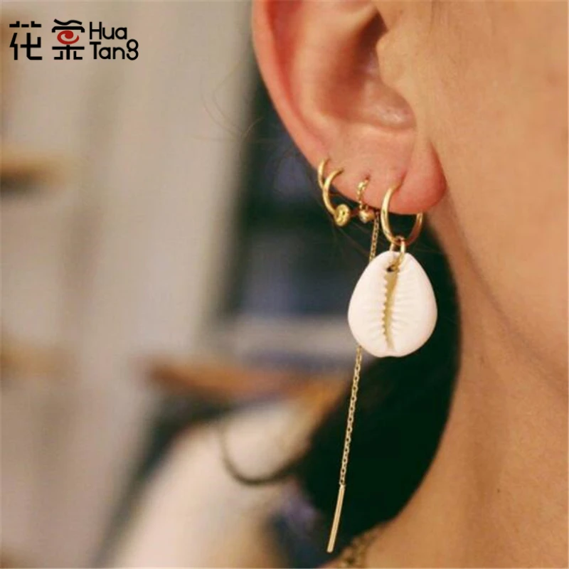 

HuaTang Fashion Simulation Shell Chains Pendant Drop Earring for Women Girl Metal Seashell Earrings Party Jewelry Orecchini 7116