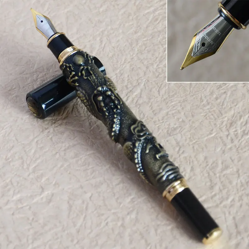Pen as picture JINHAO 41 Дракон EMBOSS Средний Перьевая ручка латунь медь Серый Золотой Серебряный на выбор бизнес Лучший подарок - Цвет: Pen as picture