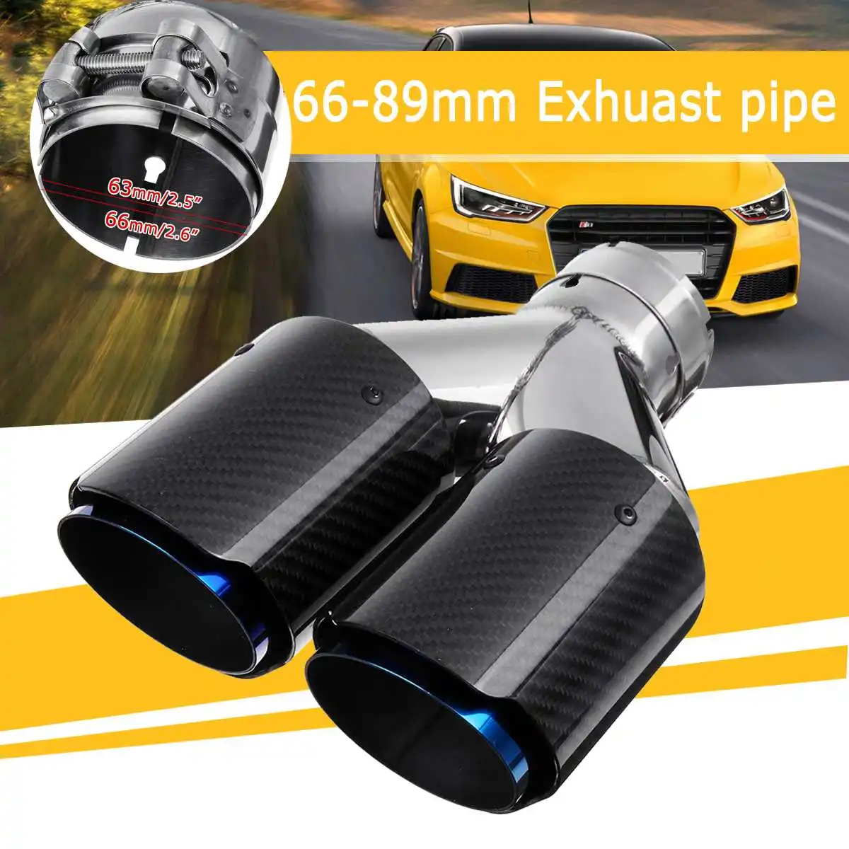 

66mm Inlet 89mm Outlet Car Universal Glossy Carbon Fiber Dual Exhaust Pipe Tail Muffler Tip Y Model Exhaust Pipe