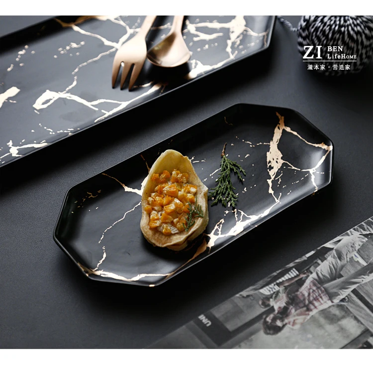 Золотая инкрустация тарелка мраморная пищевая тарелка в скандинавском стиле обеденная тарелка керамическая стейк столовые приборы для дома десерт салат кухня блюдо лоток